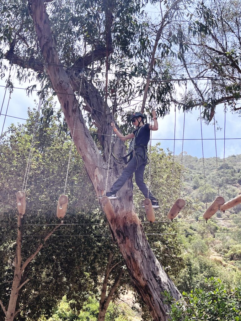 Gabi, The Fringe Explorer, crossing a set of swinging logs in the trees of the aerial obstacle course