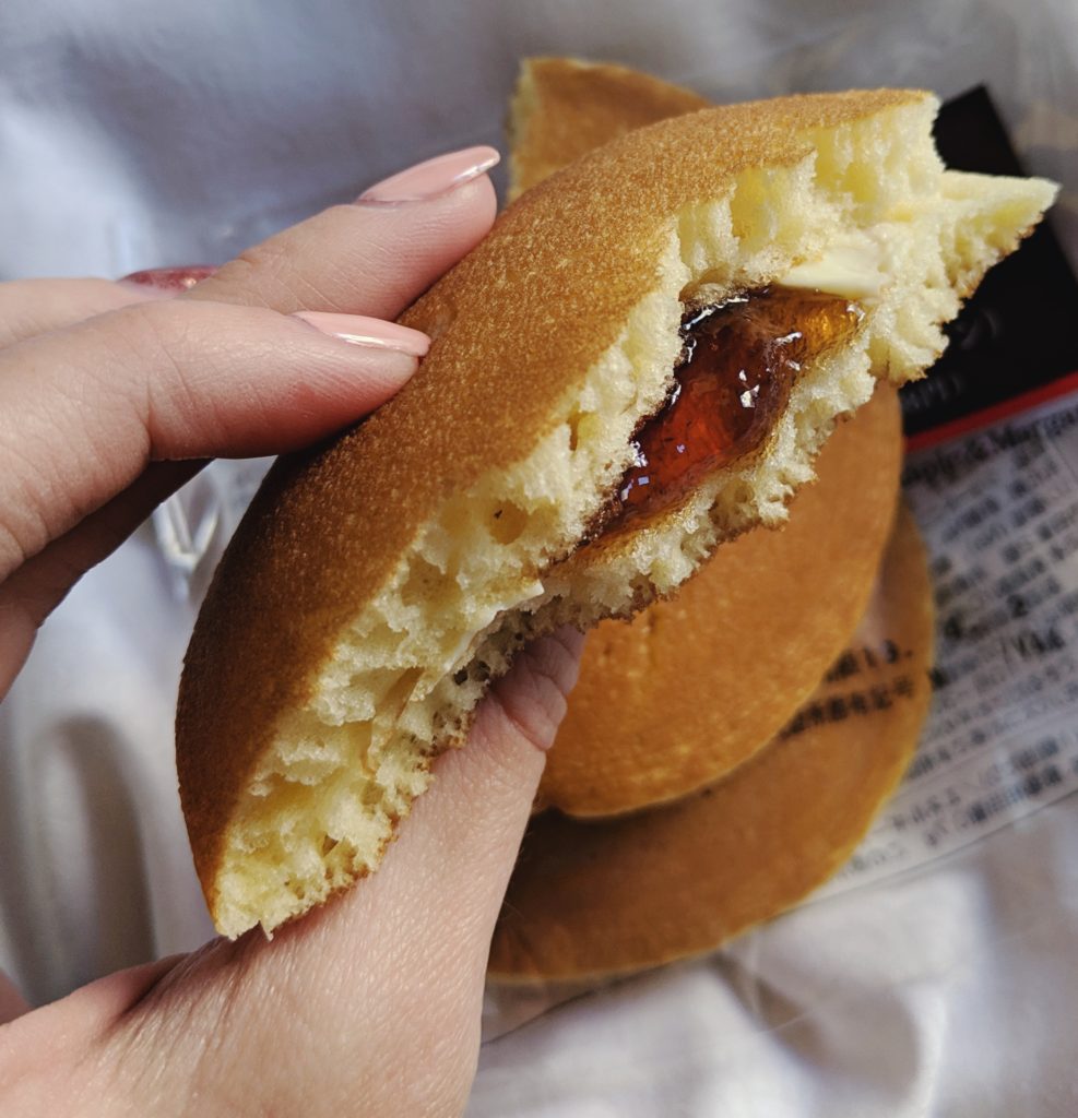 Japanese convenience store pancake sandwich with syrup and butter inside