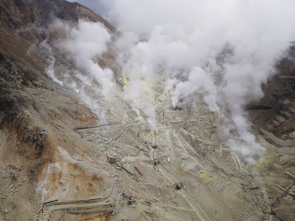 Aerial view of the volcanic sulfur field in Hakone, Japan from the ropeway