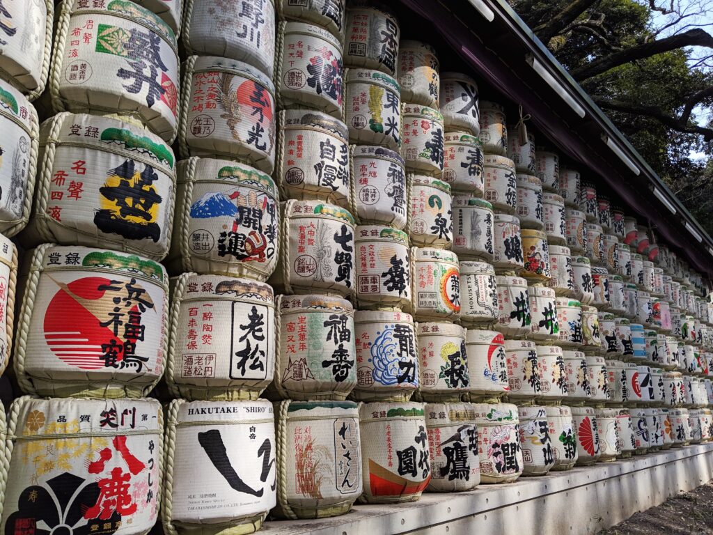 Sake barrels stacked as a wall outside of Meiji Shrine