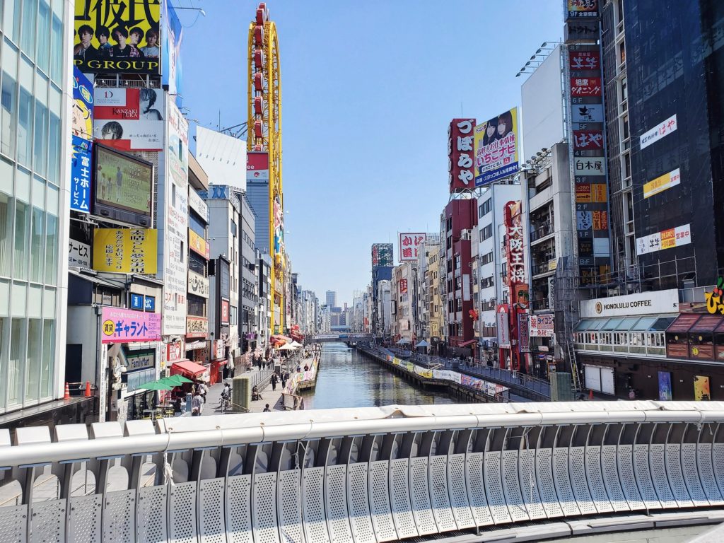 River behind dontonbori view of the Don Quijote Ferris Wheel