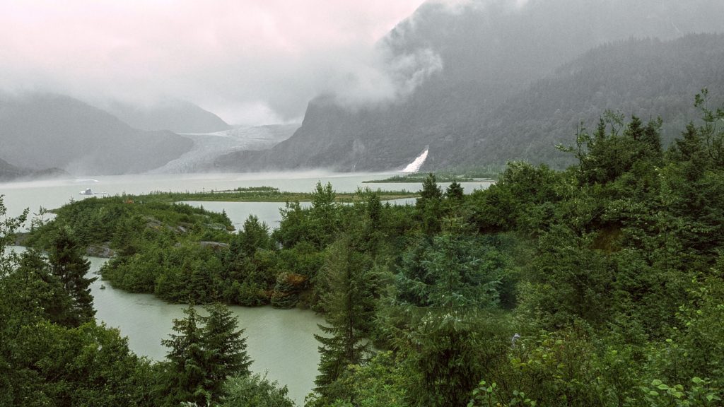 foggy and rainy look at Mendenhall glacier and waterfall