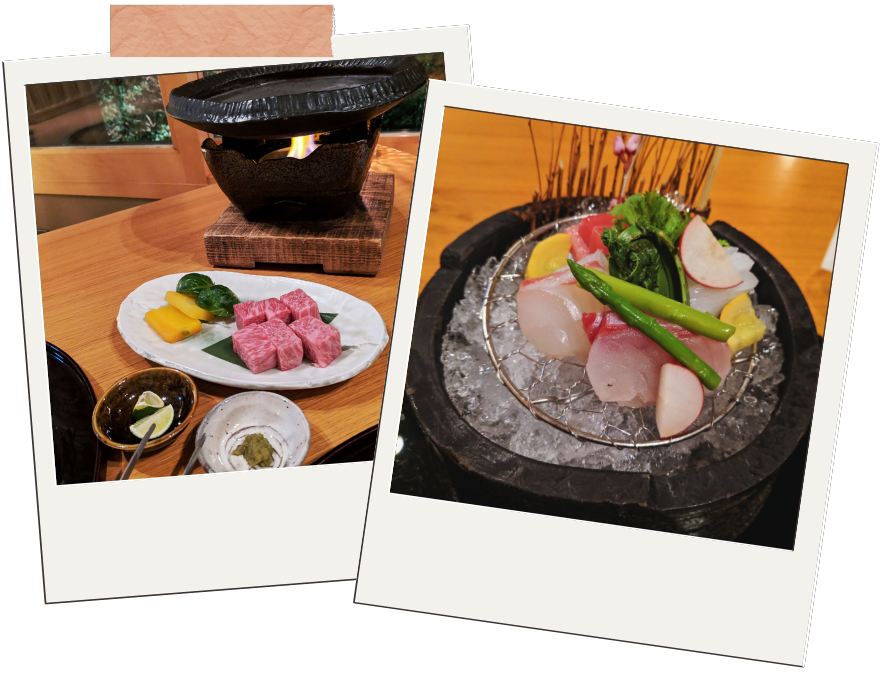 Polaroid style photos of Japanese foot. The left photo has a a small charcoal grill stove and a plate of raw beef. The right photo has a variety of raw fish on a bed of ice