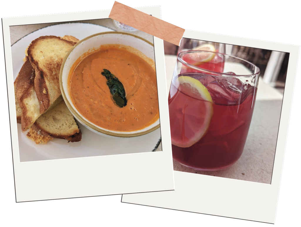 Polaroid style photos. The left photo is a plate of grilled cheese and tomato soup. The right photo is of a red hibiscus tea with a lemon slice