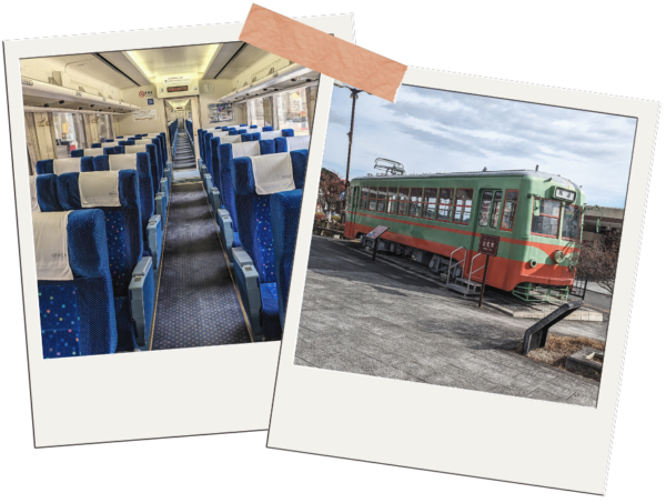 Decorative polaroid's of the inside of a limited express train and a historical tram