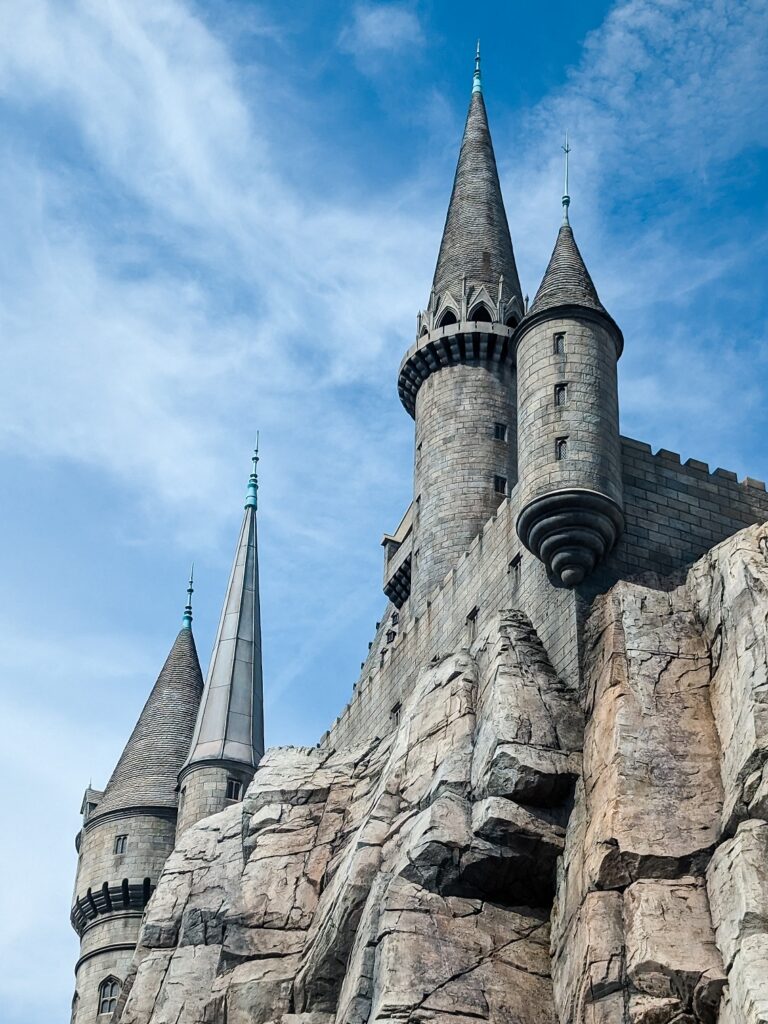 Hogwarts Castle against a blue cloudy sky in Universal Studios Hollywood