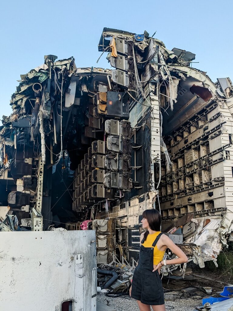 Gabi, The Fringe Explorer, standing in front of the downed 747 airplane set on the Universal Studios backlot tour.