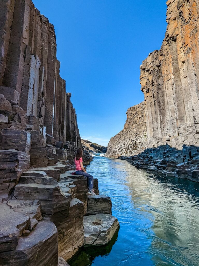 Gabi, The Fringe Explorer, dressed in grey hiking pants and a pink short sleeve tshirt, sitting on a basalt rock looking down a river towards a waterfall in a basalt canyon