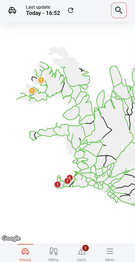 screenshot of the SafeTravel map screen showing driving routes and if they are open (green lines) or not