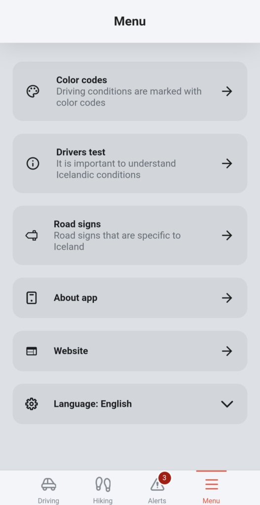 screenshot of the menu on the SafeTravel app showing options to view "Color codes," "Drivers test, "Road signs," "About app," "Website," and "Language: English"