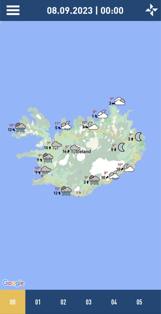 Screenshot of the home screen on the Veður app showing a map of Iceland with weather markings