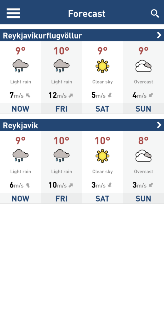 screenshot of the Veður app showing a four day forecast for weather in Reykjavik