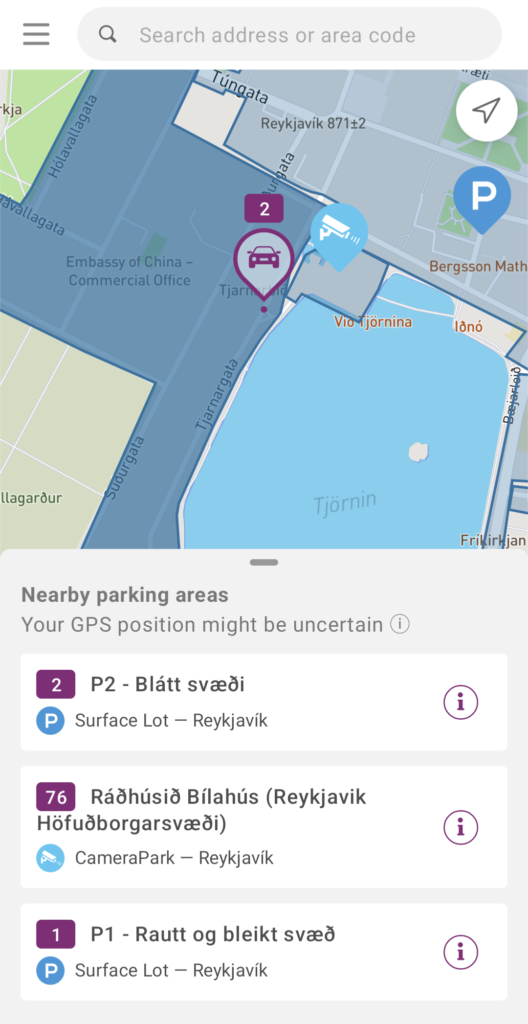 Screenshot of the Parka app showing nearby parking options and details about them in Reykjavik 