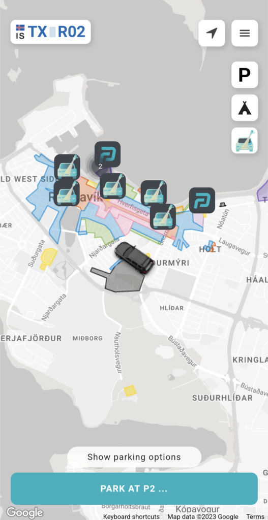 screenshot of the Easy Park app showing a license plate number in the top left and details in color codes sections showing parking options in Reykjavik