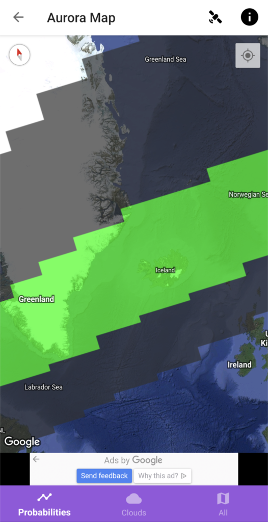 Screenshot of the map in the Aurora Forecast & Alerts app showing Iceland and Greenland with a green swipe over them signaling the chance for an Aurora