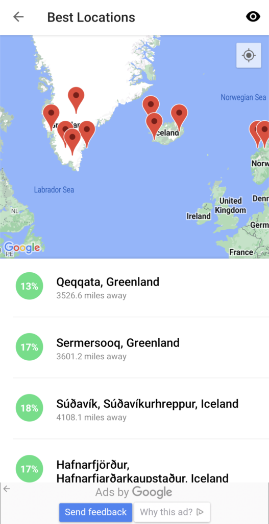 Screenshot of the Aurora Forecast & Alerts app showing the current best locations for view the aurora. The map shows Greenland and Iceland with red pin markers signaling the location underneath is a list of the locations and their probability of viewing the Aurora.