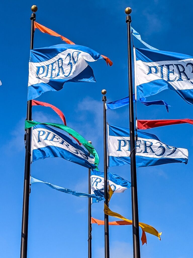 Blue and White flags blowing in the wind that say ""Pier 39"