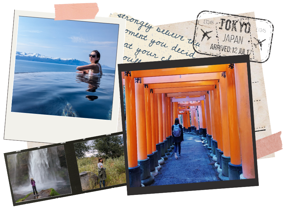 Collage of photos. Top Left photo is Gabi, a brown haired woman in a hot spring bath looking towards the camera with a snowy mountain in the background. The bottom left photos are Gabi in a purple jacket standing in front of a tall waterfall and Gabi shrugging off a green jacket in a forest, looking towards the camera over her shoulder. Right photo is Gabi wearing a grey backpack walking away from the camera under orange and black Japanese Tori gates