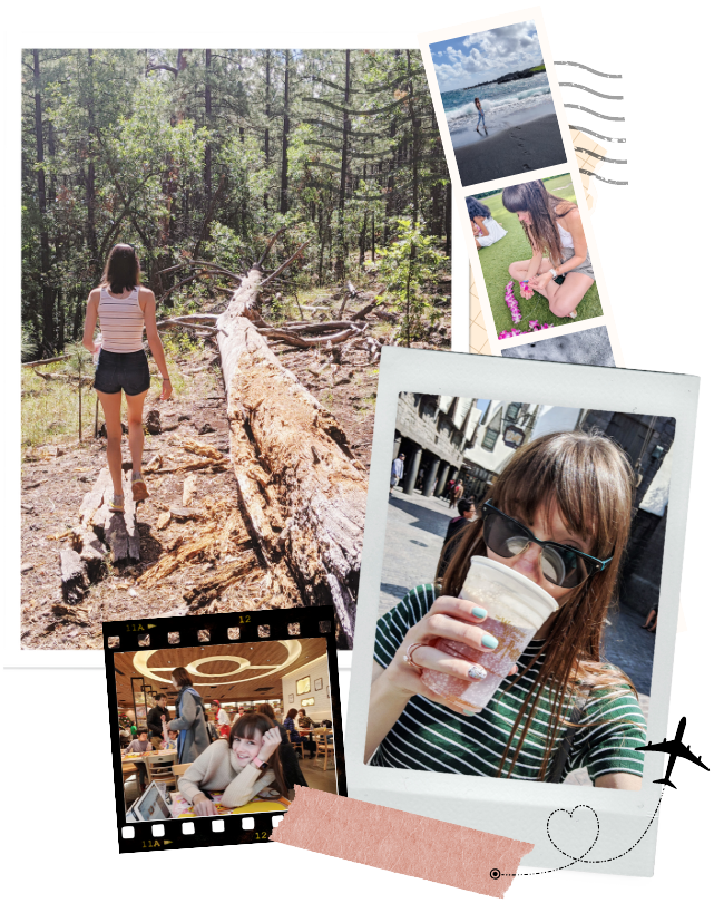 Collage of photos of Gabi, The Fringe Explorer. Top Left photo is a brown haired woman in a white striped tank top and black shorts walking in a forest on a log. Bottom Left Photo is a grown haired woman in a cream sweater sitting in a Pokemon themed cafe smiling at the camera. Bottom Right photo is a brown haired woman with bangs wearing sunglasses and a green/white striped short and drinking butterbeer out of a plastic cup. Top right is a photo strip with two photos one of a woman standing on a black sand beach and the other of a brown haired woman stringing purple orchid flowers into a lei while sitting cross legged on the grass.