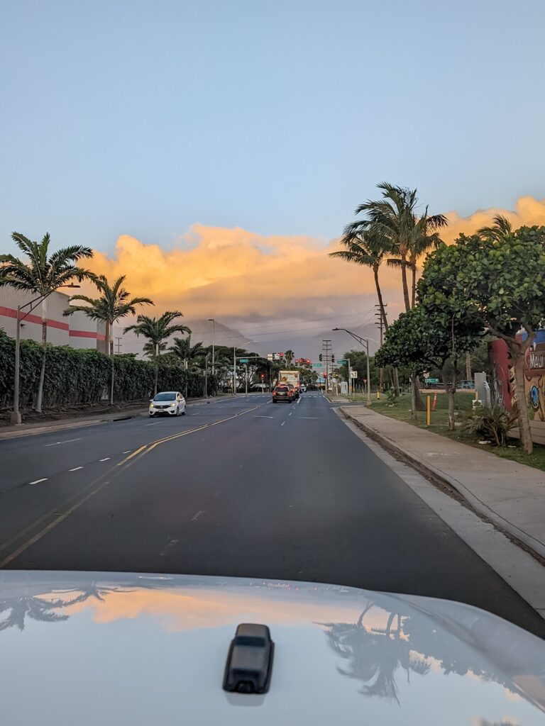 Driving down a road lined with palm trees. In the distnace the clouds on the horizon are glowing orange from the sunrise