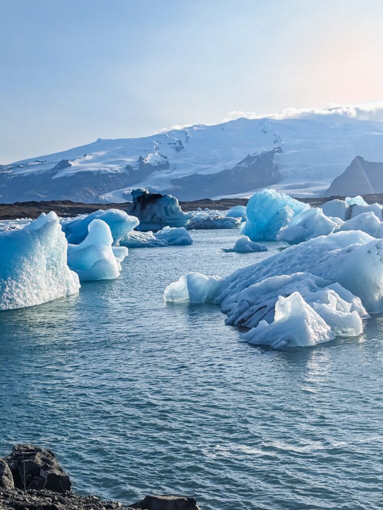 Icebergs floating on a glacial lake with snow capped mountain in the background.