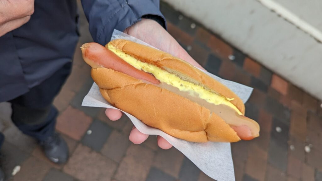 Hot dog in a bun with ketchup and a mayo sauce