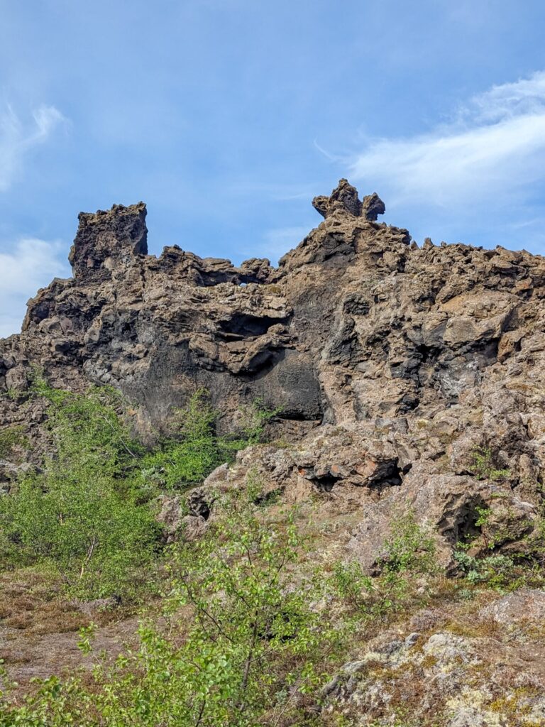 Lava rock features and some green trees.