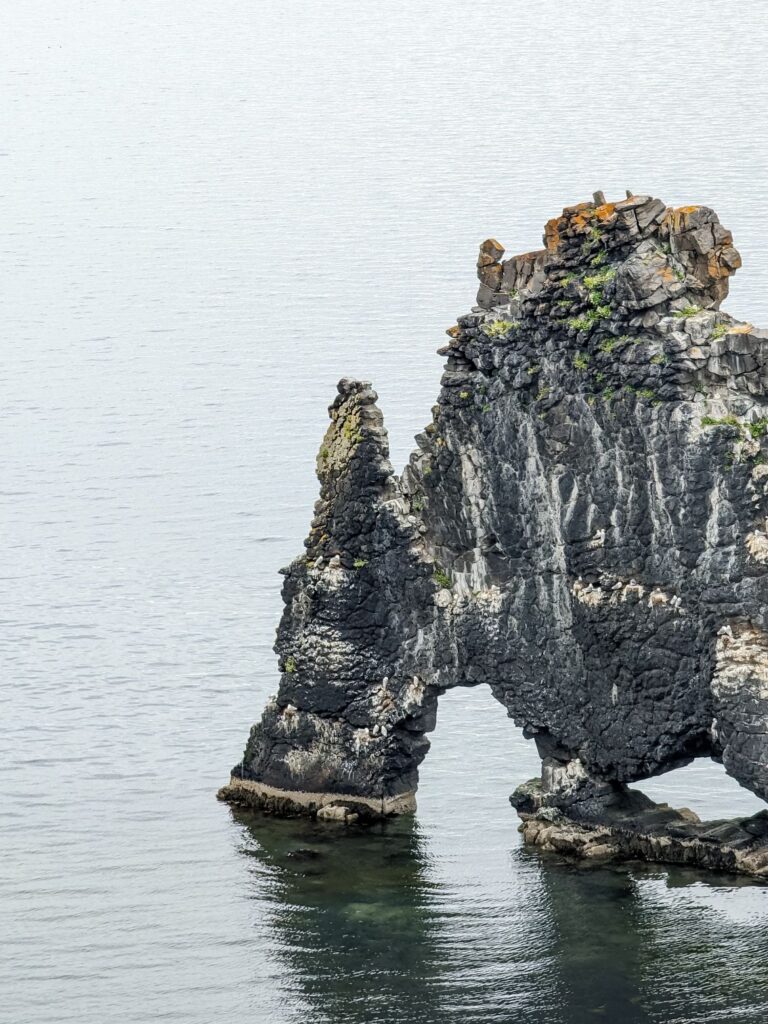 Basalt rock formation just off the shore. It's black, red and has some moss. There are two holes at the bottom of the rock formation