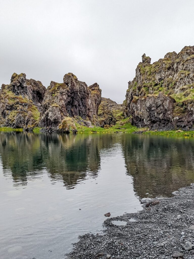 Small tide pool pond in front of mossy rock formations.