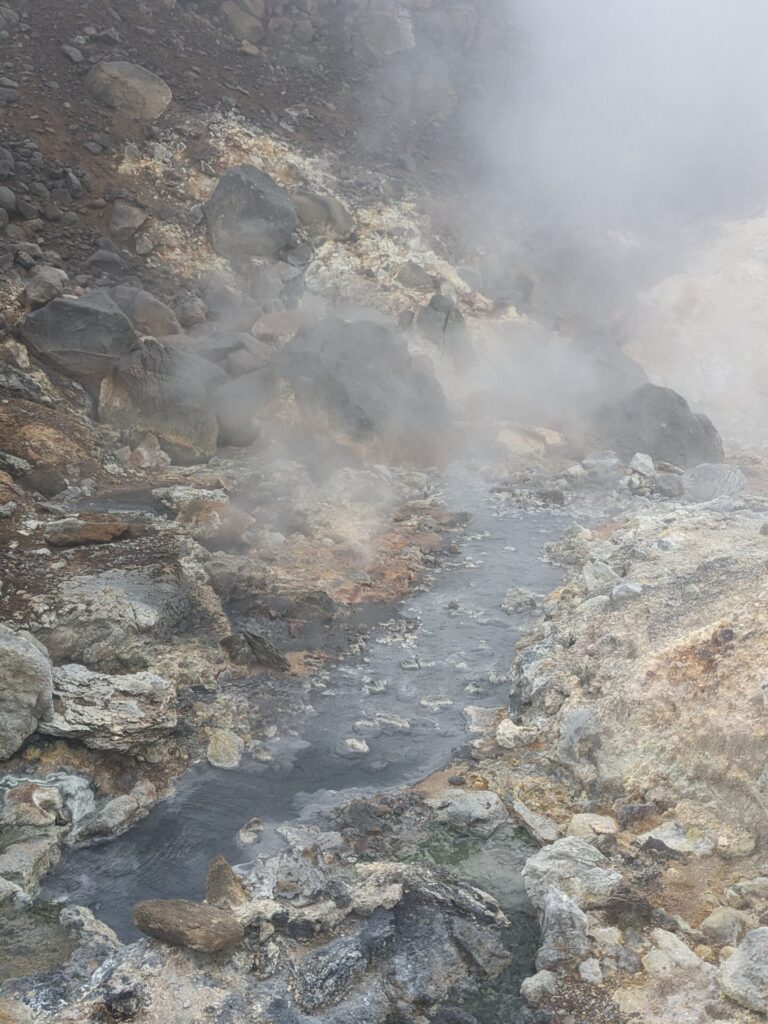 geothermal area with bubbling steaming mud streams