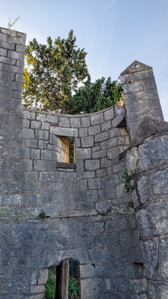 Ancient stone fortifications and turret of the San Giovanni Fortress in Kotor with narrow embrasure windows, overgrown with wild trees and purple flowers.