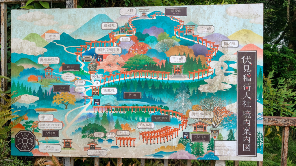 Colorful illustrated map showing the hiking routes up Mount Inari at Fushimi Inari Taisha.