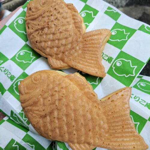 taiyaki, fish shaped pastries, laying on a green and white packaging
