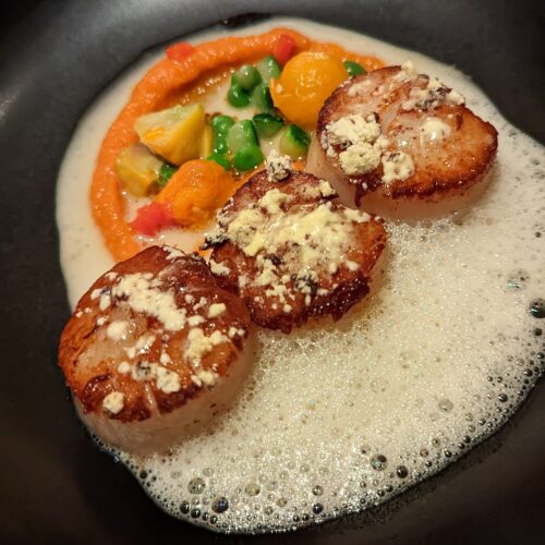 Pan Seared Scallops with foam at Gary Danko