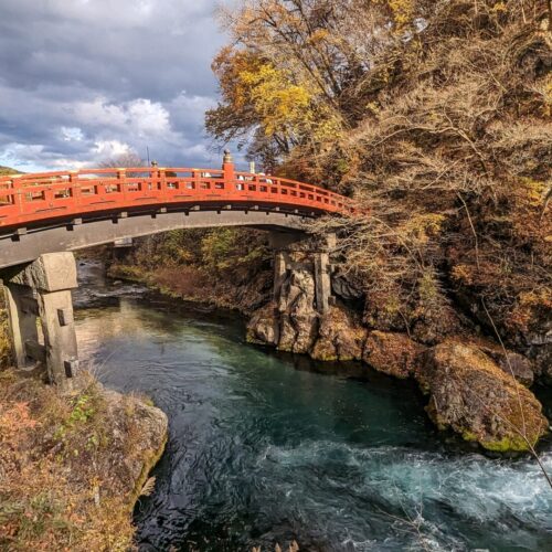 Shinkyo Bridge, a red bridge at the entrance of the shrines and temples in Nikko, Japan