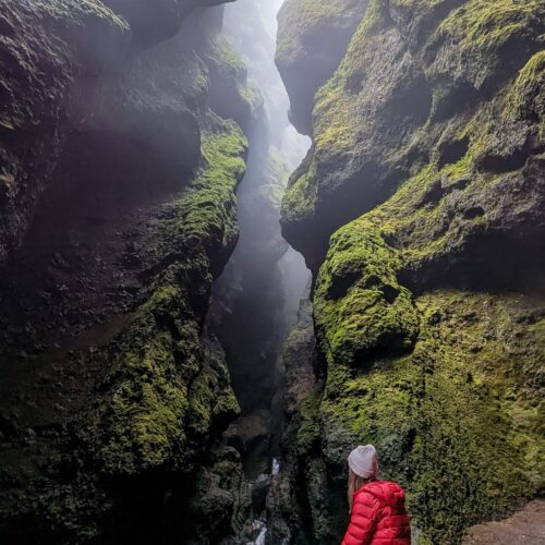 Woman wearing a grey beanie and red puffer jacket is sitting on a rock looking into a foggy moss covered gorge