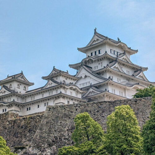 Himeji Castle, an intricate white Japanese style wood castle on top of a hill with stone walls and green trees in the foreground